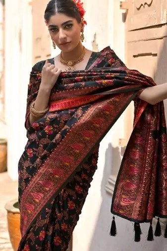 Floral Woven Design Zari Border Pashmina Silk Saree