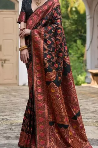 Floral Woven Design Zari Border Pashmina Silk Saree