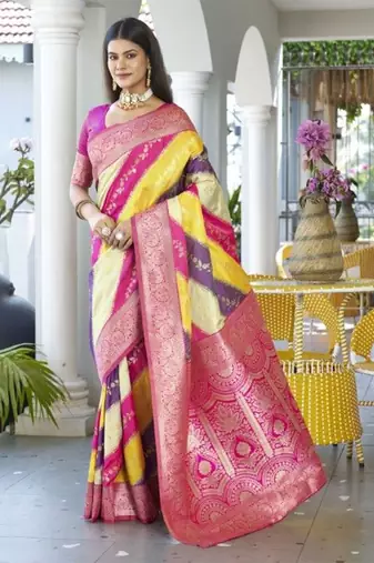 Leheriya Woven Design Zari Border Banarasi Silk Saree
