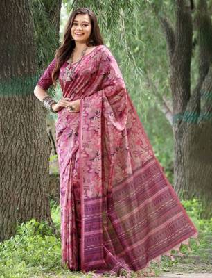 Stylish Floral Printed Zari Tussar Silk Saree 1