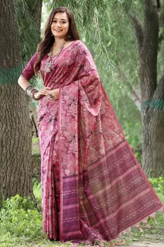 Stylish Floral Printed Zari Tussar Silk Saree