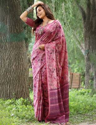 Stylish Floral Printed Zari Tussar Silk Saree 2