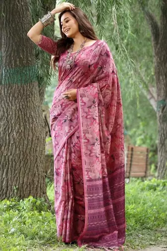 Stylish Floral Printed Zari Tussar Silk Saree