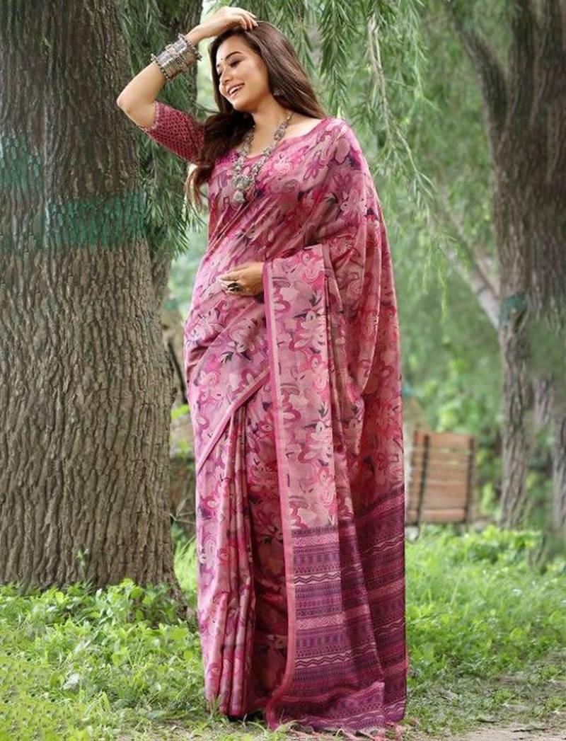 Stylish Floral Printed Zari Tussar Silk Saree