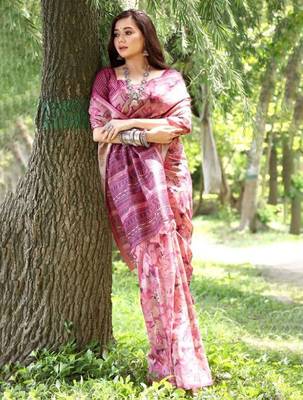 Stylish Floral Printed Zari Tussar Silk Saree 3