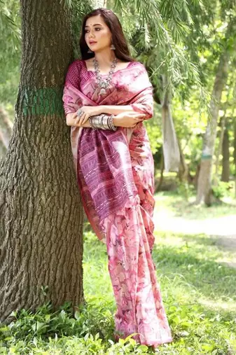 Stylish Floral Printed Zari Tussar Silk Saree