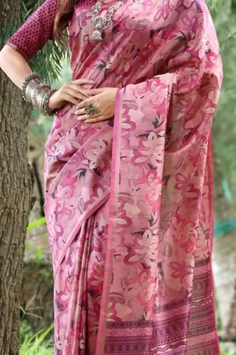Stylish Floral Printed Zari Tussar Silk Saree