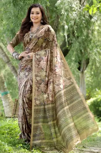 Floral Printed Zari Tussar Silk Saree