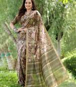Floral Printed Zari Tussar Silk Saree