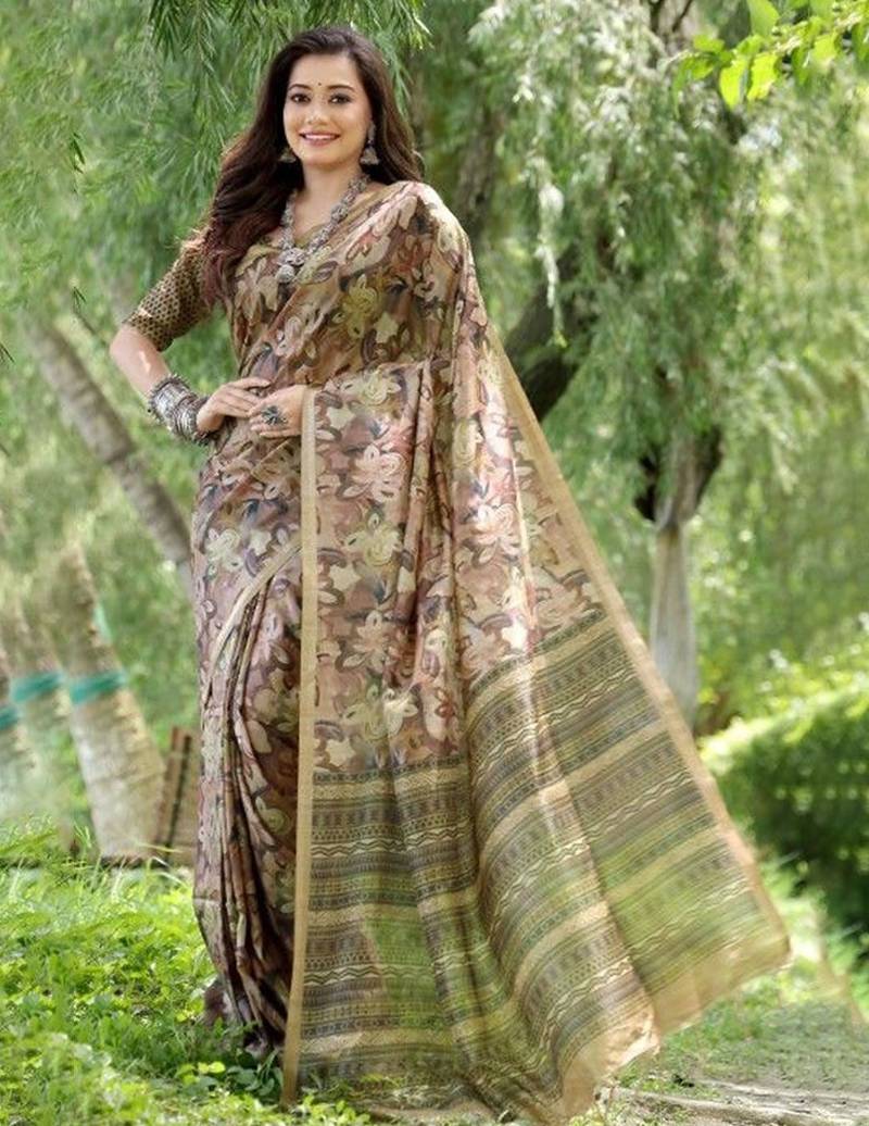 Floral Printed Zari Tussar Silk Saree