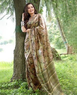 Floral Printed Zari Tussar Silk Saree 2