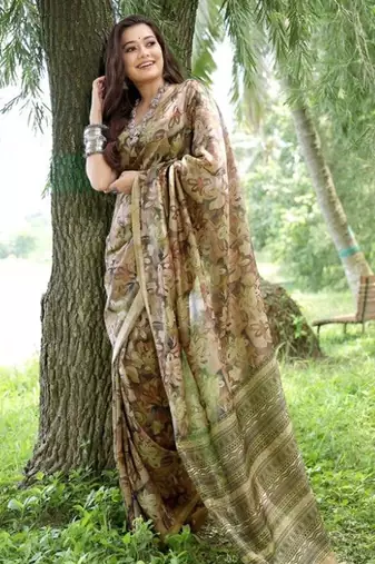 Floral Printed Zari Tussar Silk Saree