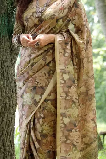 Floral Printed Zari Tussar Silk Saree