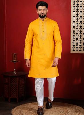 Yellow embroidered kurta payjama 1