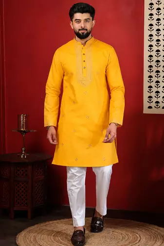 Yellow embroidered kurta payjama