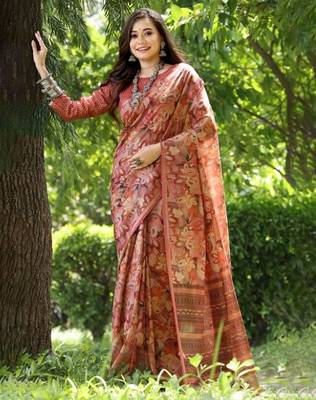 Stylish Floral Printed Zari Tussar Silk Saree 1