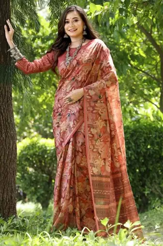 Stylish Floral Printed Zari Tussar Silk Saree