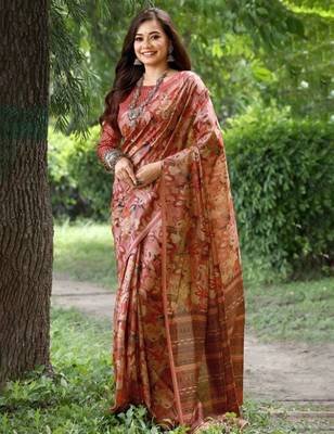 Stylish Floral Printed Zari Tussar Silk Saree 2