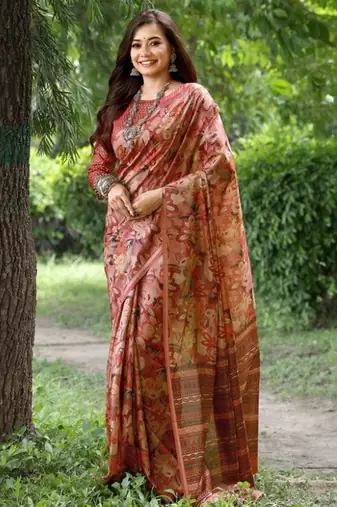 Stylish Floral Printed Zari Tussar Silk Saree
