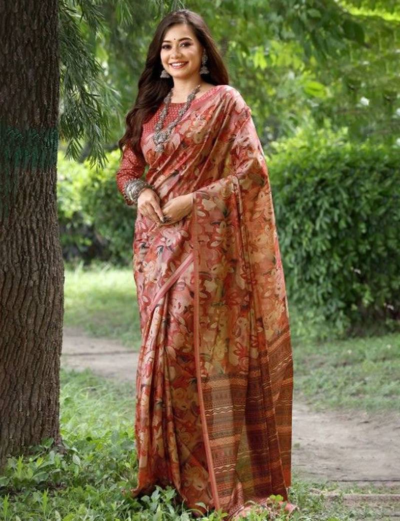 Stylish Floral Printed Zari Tussar Silk Saree