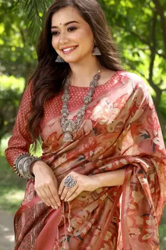 Stylish Floral Printed Zari Tussar Silk Saree