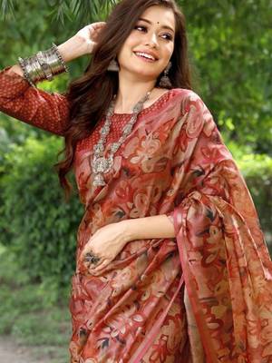 Stylish Floral Printed Zari Tussar Silk Saree 4