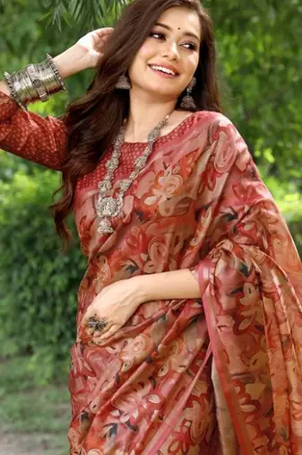 Stylish Floral Printed Zari Tussar Silk Saree