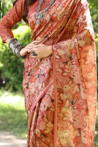 Stylish Floral Printed Zari Tussar Silk Saree
