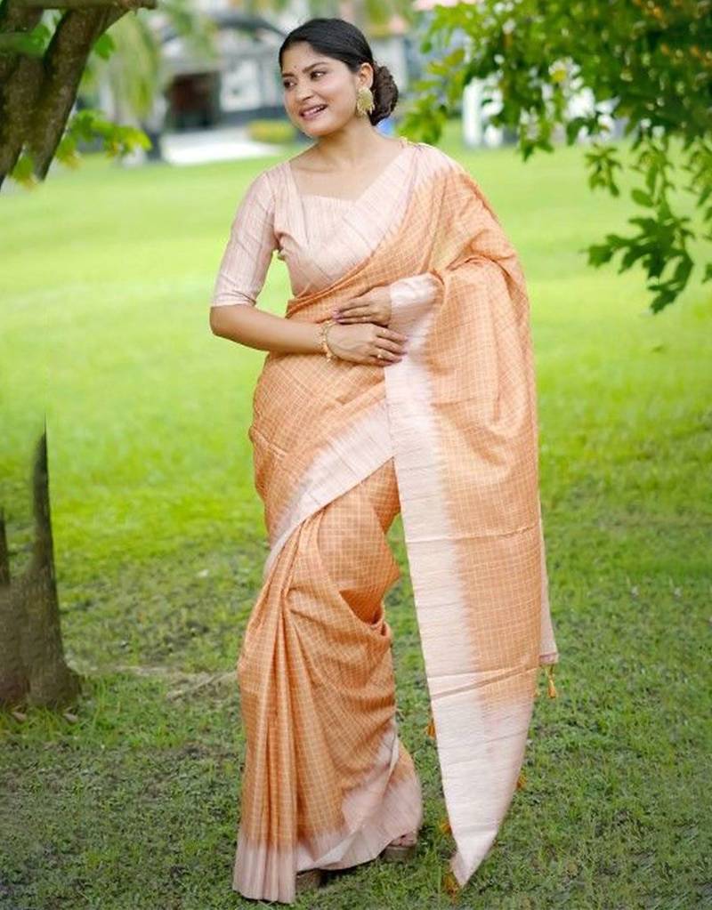 Stylish Checked Patterns Printed Tussar Silk Saree