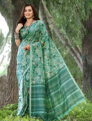 Stylish Floral Printed Zari Tussar Silk Saree 1