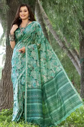 Stylish Floral Printed Zari Tussar Silk Saree