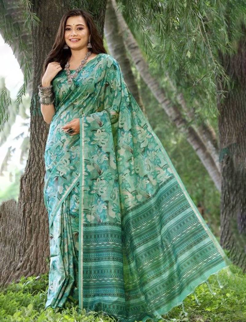 Stylish Floral Printed Zari Tussar Silk Saree