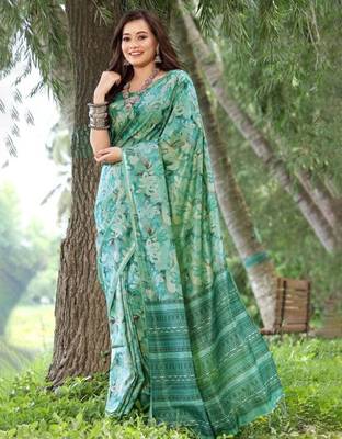 Stylish Floral Printed Zari Tussar Silk Saree 2