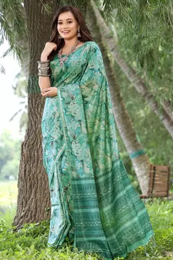 Stylish Floral Printed Zari Tussar Silk Saree