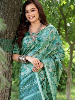 Stylish Floral Printed Zari Tussar Silk Saree 4