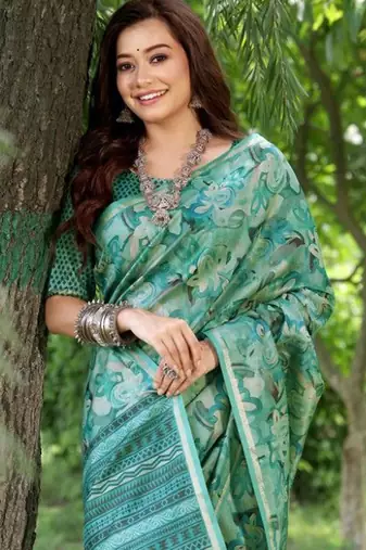 Stylish Floral Printed Zari Tussar Silk Saree