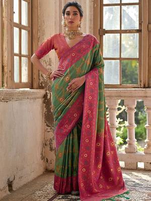 Pear Pista Floral Woven Design Zari Banarasi Saree 1