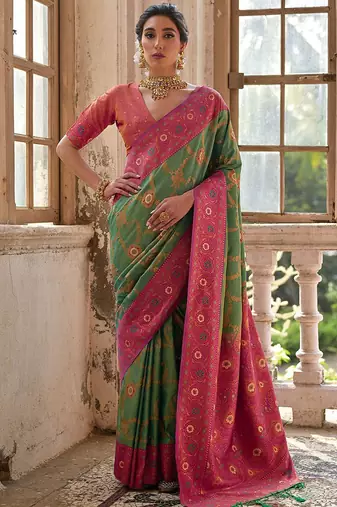 Pear Pista Floral Woven Design Zari Banarasi Saree
