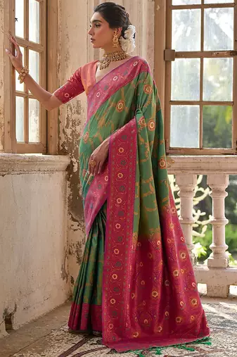 Pear Pista Floral Woven Design Zari Banarasi Saree