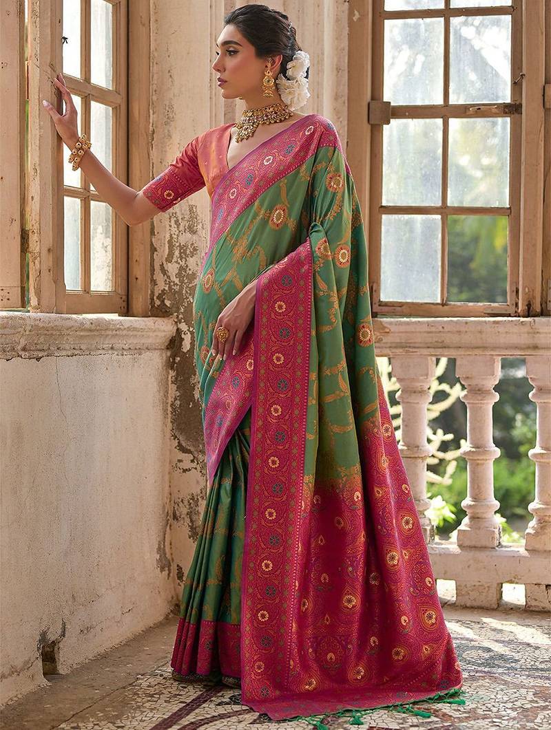 Pear Pista Floral Woven Design Zari Banarasi Saree
