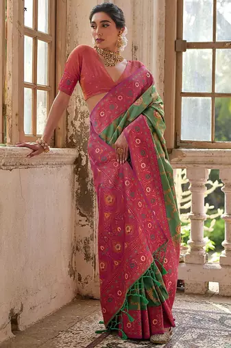Pear Pista Floral Woven Design Zari Banarasi Saree