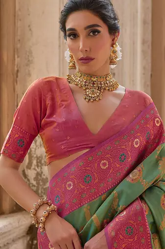 Pear Pista Floral Woven Design Zari Banarasi Saree