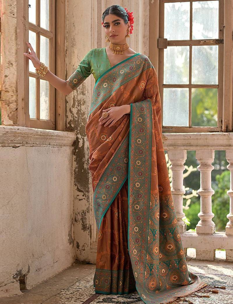 Antique Coffee Floral Woven Design Zari Banarasi Silk Sarees