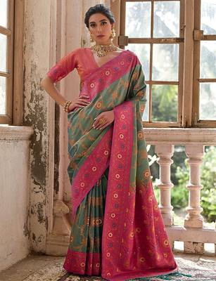 Greenish Rama Floral Woven Design Zari Banarasi Silk Sarees 1