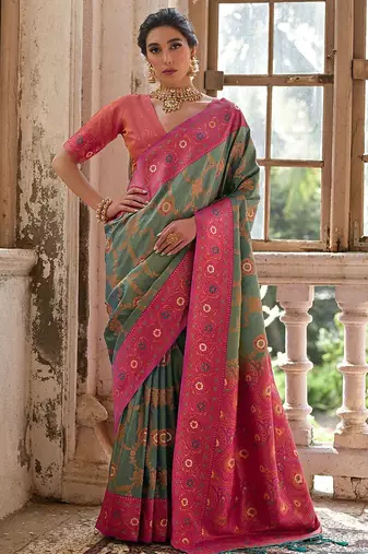 Greenish Rama Floral Woven Design Zari Banarasi Silk Sarees