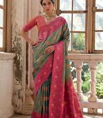 Greenish Rama Floral Woven Design Zari Banarasi Silk Sarees