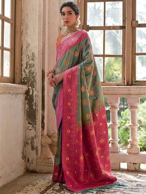 Greenish Rama Floral Woven Design Zari Banarasi Silk Sarees 2
