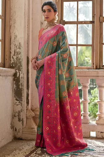 Greenish Rama Floral Woven Design Zari Banarasi Silk Sarees