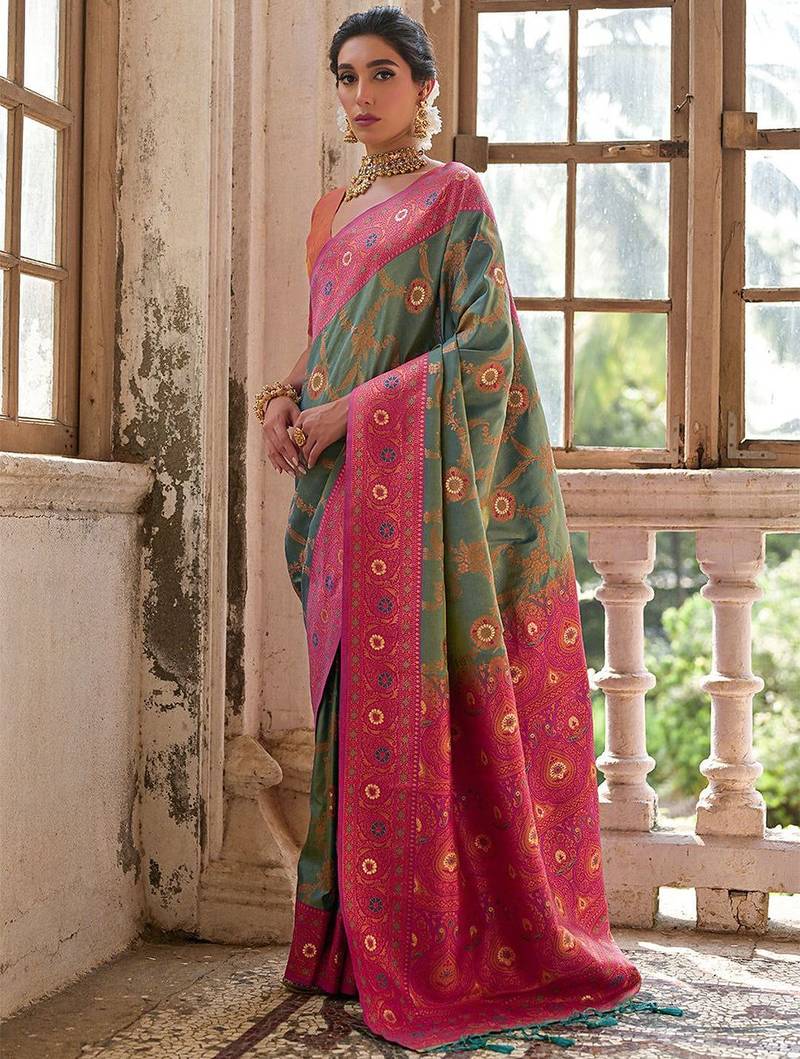 Greenish Rama Floral Woven Design Zari Banarasi Silk Sarees