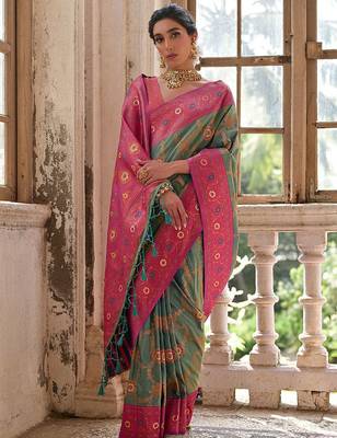 Greenish Rama Floral Woven Design Zari Banarasi Silk Sarees 3